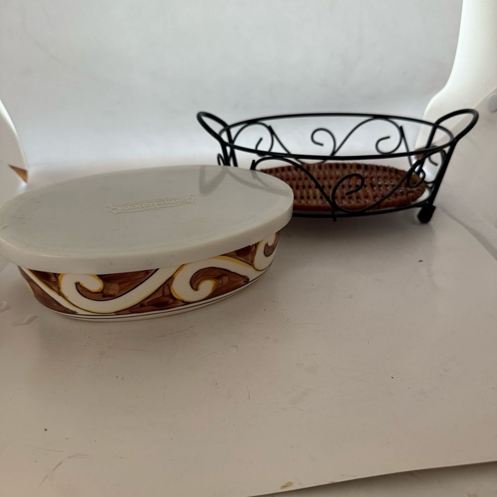 Temptations Old world Oval Ceramic Dish with cover &Metal/wicker serving stand